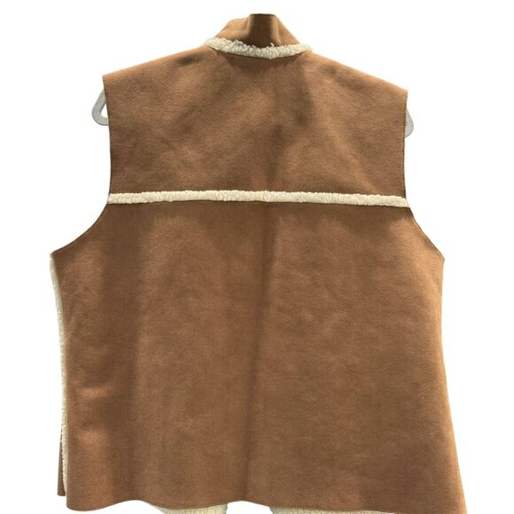 Beige Teddy Lined Faux Suede Vest with Leopard Print Upcycled Pocket Boho Chic - Picture 2 of 8